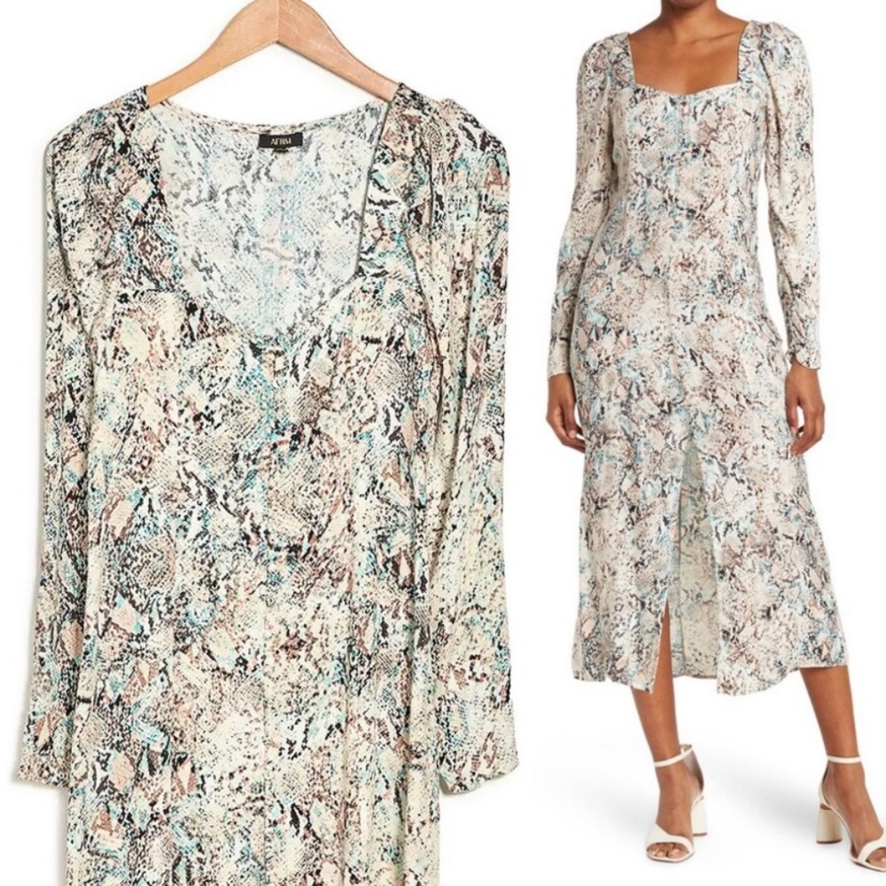 AFRM Mariska Floral Long Sleeves Square Neck Button Front Midi Dress Snake sz M